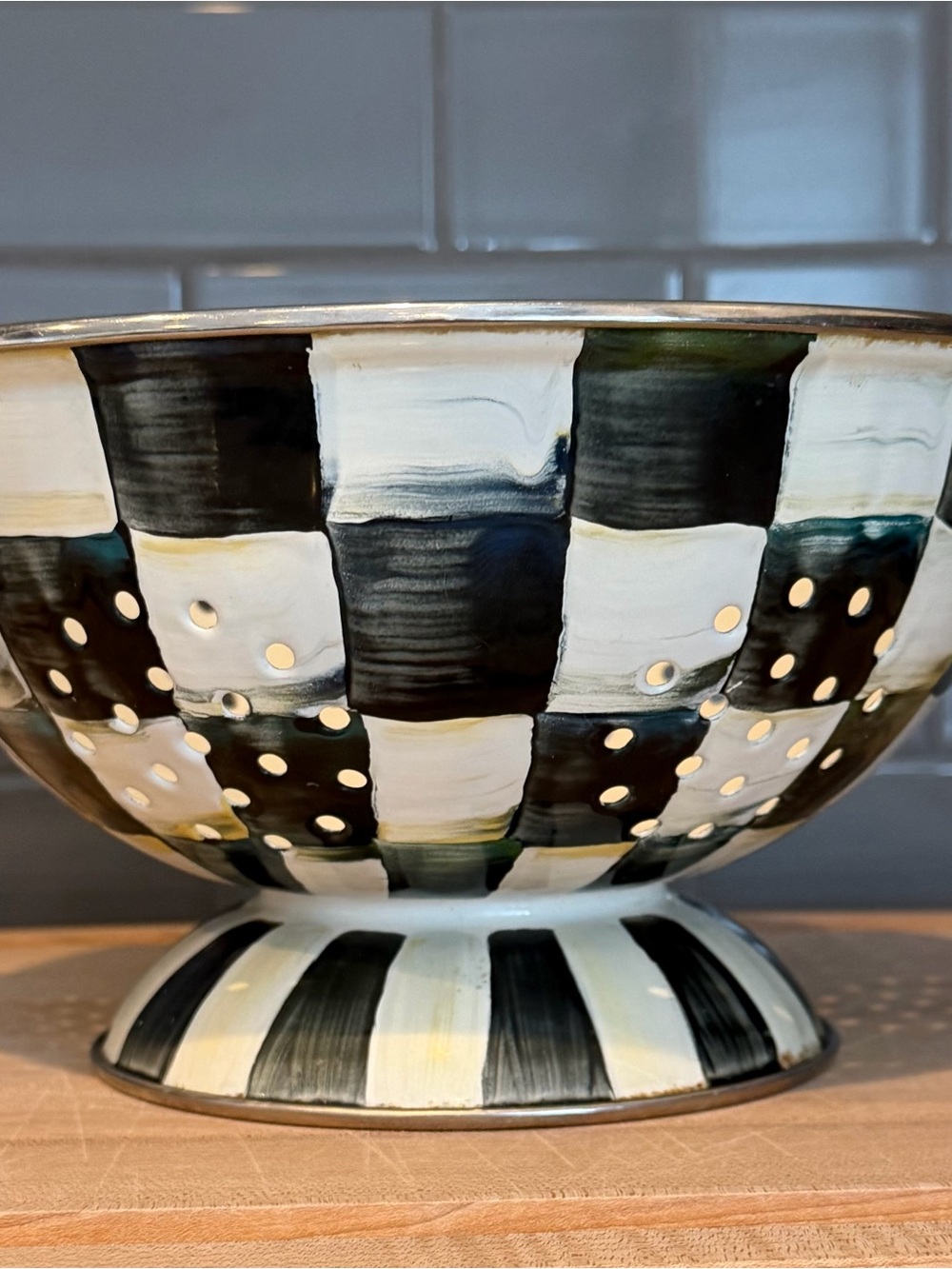 MacKenzie-Childs Black and White Courtly Check Pedestal Colander 10inch